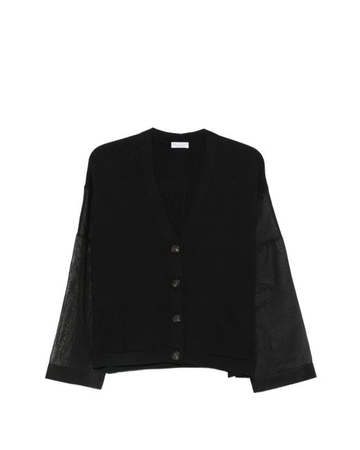 Brunello Cucinelli Black Sheer-Sleeve Cardigan