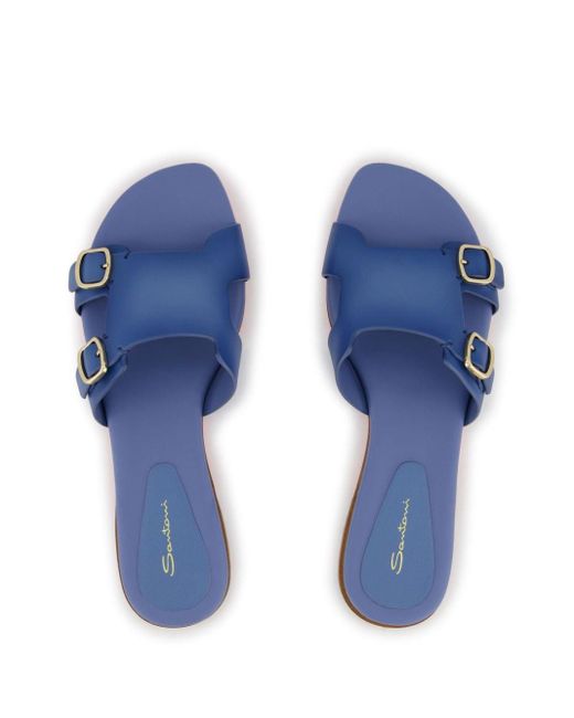 Santoni Blue Double-buckle Leather Slides