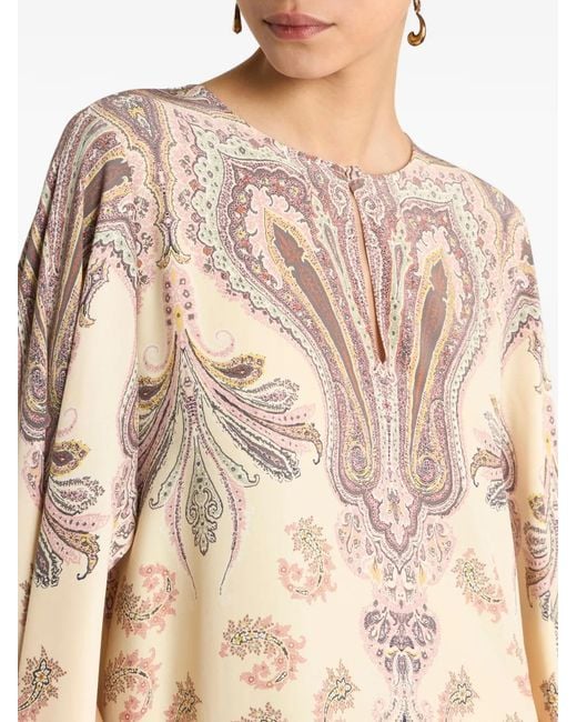 Etro Natural Long Silk Dress With Cape And Placed Print