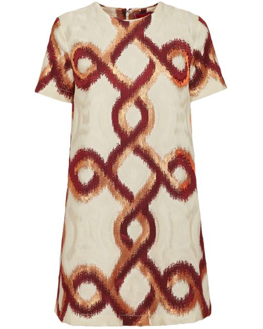LaDoubleJ Natural Mini Swing Geometric-print Short-sleeve Dress