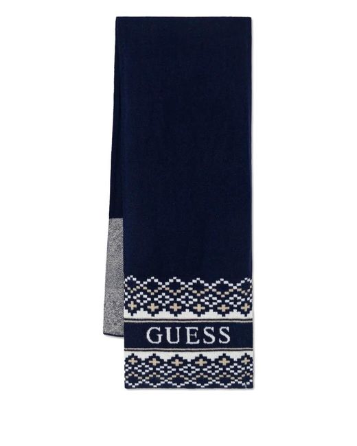 Guess Blue Patterned Scarf And Beanie Hat Set for men
