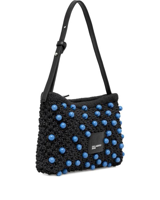 Karl Lagerfeld Blue Beaded-Knit Shoulder Bag