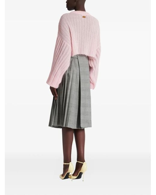 Balmain Gray Midi Check-Pattern Pleated Skirt