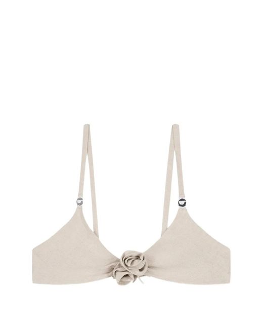 Coperni White Linen Flower Bikini Top With Gathered Central Detail With 3D Petals