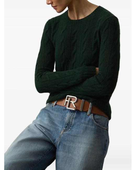 Ralph Lauren Green Classic Cable Knit Crewneck Sweater With Ribbed Details