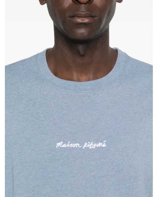 Maison Kitsuné Blue Embroidered-Logo Cotton T-Shirt for men