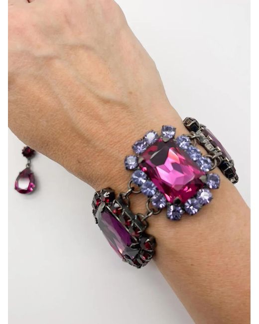 JENNIFER GIBSON JEWELLERY White Vintage Hot Pink & Amethyst Crystal Bracelet & Drop Earrings 1980s