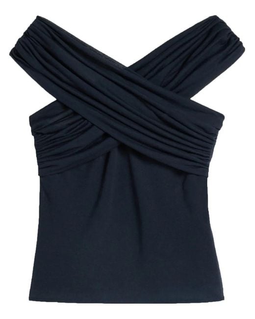 AMI Blue Draped-Design Cotton-Blend Top