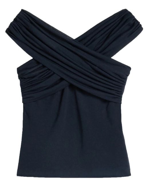 AMI Blue Draped-Design Cotton-Blend Top
