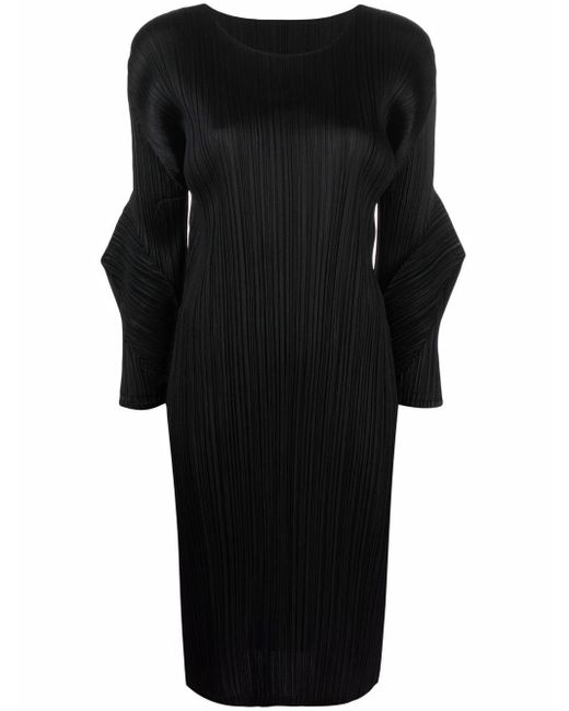 Pleats Please Issey Miyake Sculpted Sleeve Midi Plissé Dress in Black ...