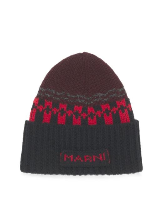 Marni Red Wool Beanie With Geometric Motif for men