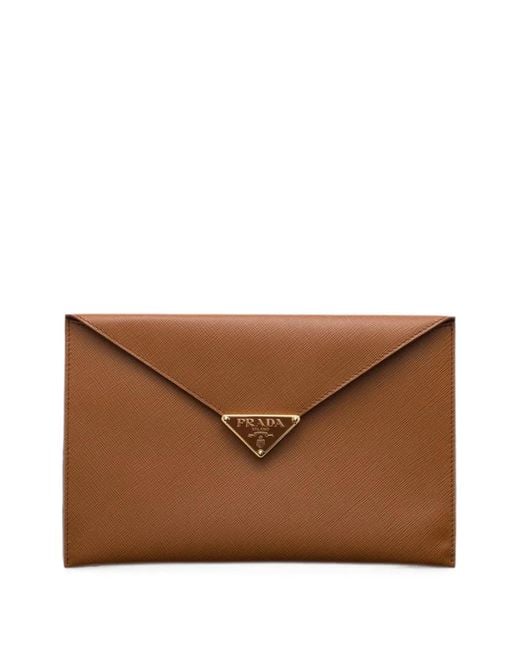 Prada Brown Saffiano-Leather Envelope Clutch