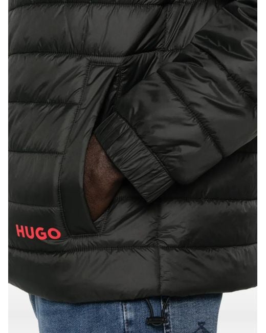 HUGO Black Embroidered-Logo Padded Jacket for men