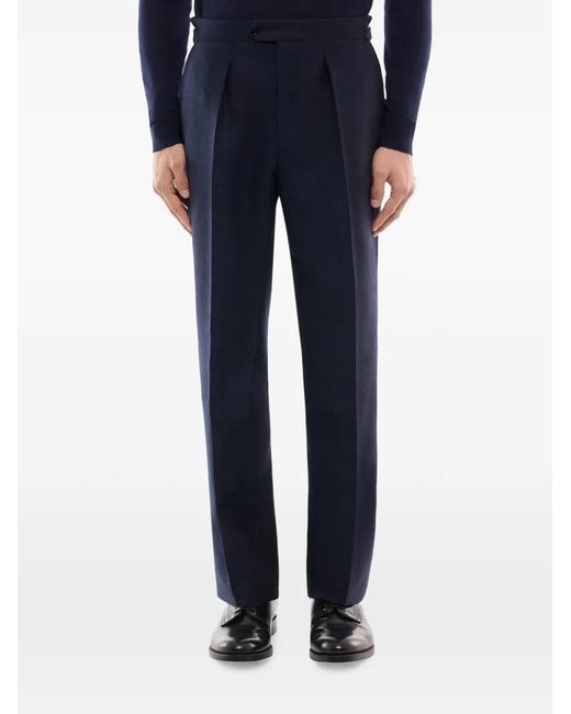 Fursac Blue Herringbone Pleated Tailored Trousers for men