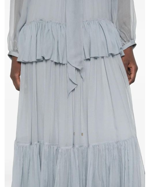 Chloé Blue Ruffled Silk-Mousseline Maxi Dress