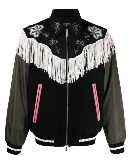 DSquared² Black Frayed-Trim Bomber Jacket for men