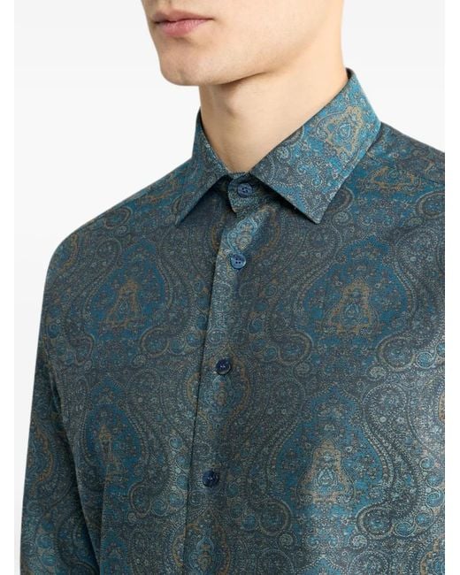 Etro Blue Cotton Jacquard Shirt With Ornamental Motif for men