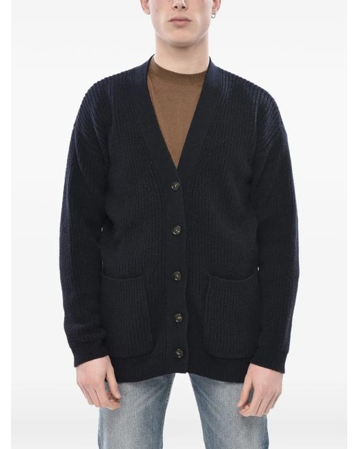 Paolo Pecora Black V-Neck Ribbed-Knit Cardigan for men