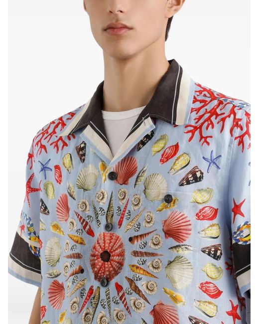 Dolce & Gabbana Bedrucktes Hemd Aus Leinen-Canvas in Blue für Herren