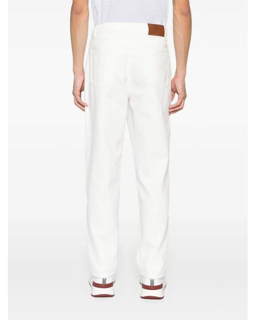 Brunello Cucinelli White Logo-embroidered Tapered Cotton Jeans for men