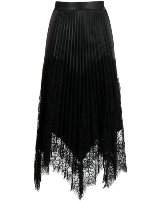 Nissa Black Lace-trim Pleated Midi Skirt