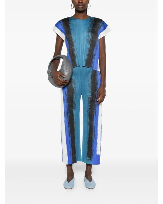 Pleats Please Issey Miyake Blue Pleated Paint-Stroke Trousers