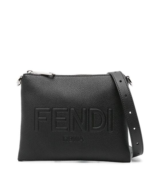 Fendi Black Logo-embossed Leather Messenger Bag for men