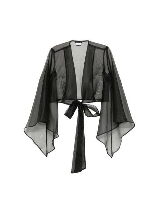 LE_RJTANGE® Black Sheer-Finish Flared-Sleeve Blouse