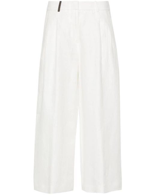 Peserico White Linen Cropped Tailored Trousers