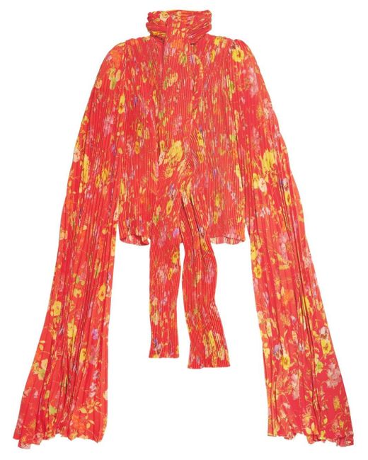 Balenciaga Red Lilies Scarf Pleated Blouse