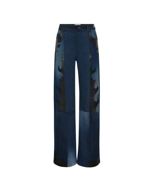 MARINE SERRE Blue Leather-Patchwork Jeans