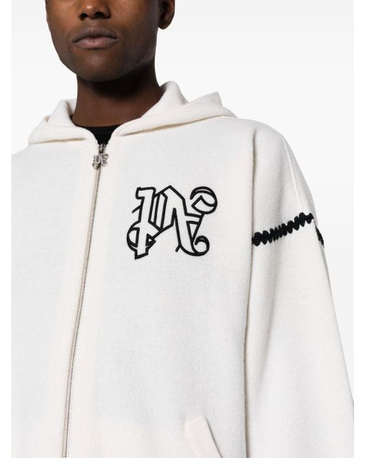 Palm Angels White Monogram-embroidered Zip-up Hoodie for men