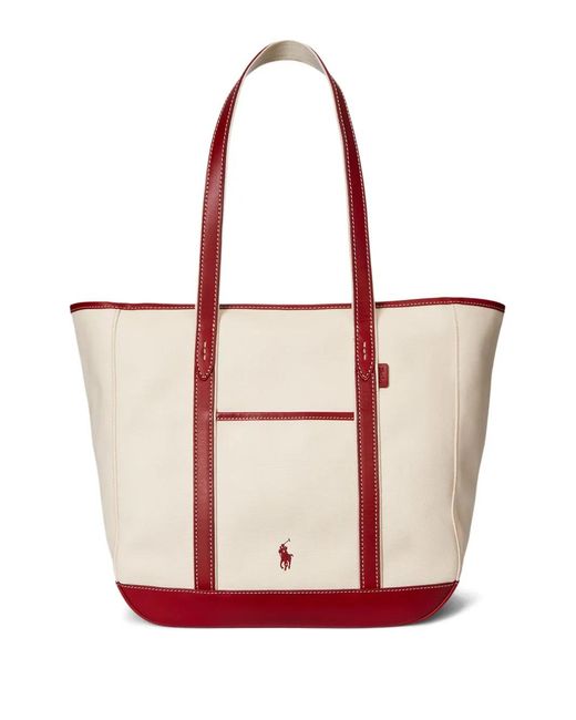 Polo Ralph Lauren White Medium Leather-Trimmed Canvas Tote Bag