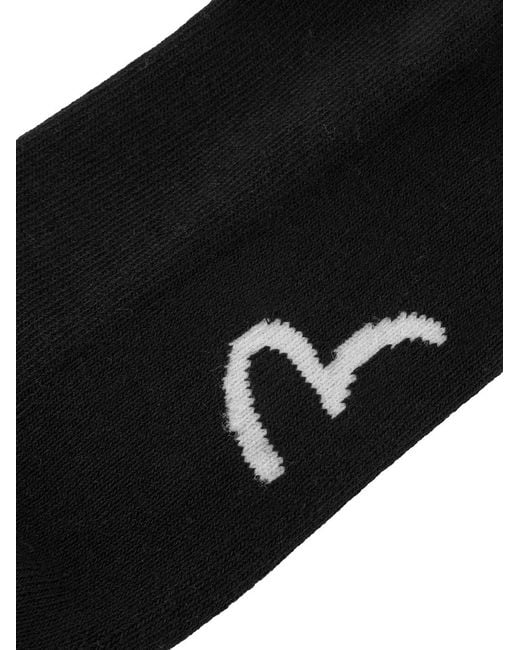 Evisu Black Logo-Intarsia Ribbed-Knit Socks