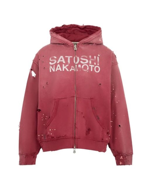 Satoshi Nakamoto Red Luke Distressed Logo-Print Hoodie for men