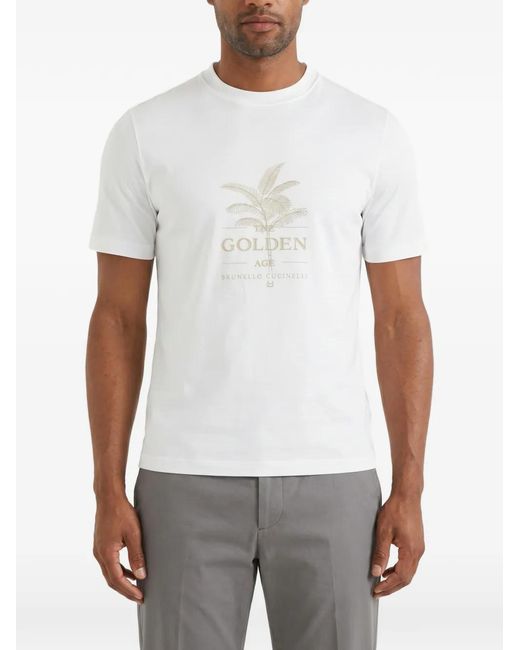 Brunello Cucinelli White Graphic-Print Crew-Neck T-Shirt for men