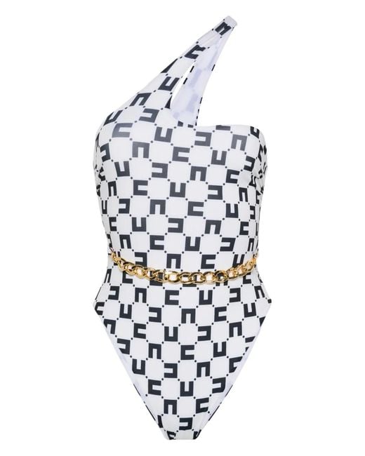 Elisabetta Franchi White Chain-Detail Monogram Swimsuit