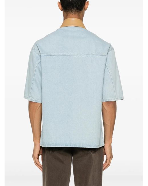 Nanushka Blue Leather-Collar Denim Shirt for men