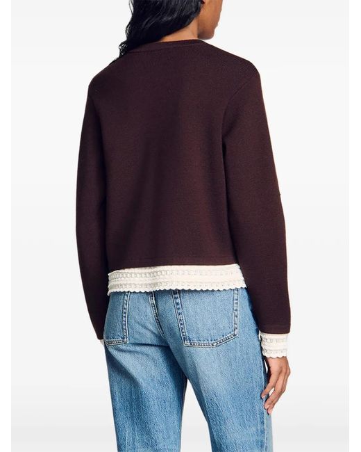 Sandro Brown Embroidered-Trim Patch-Pocket Cardigan