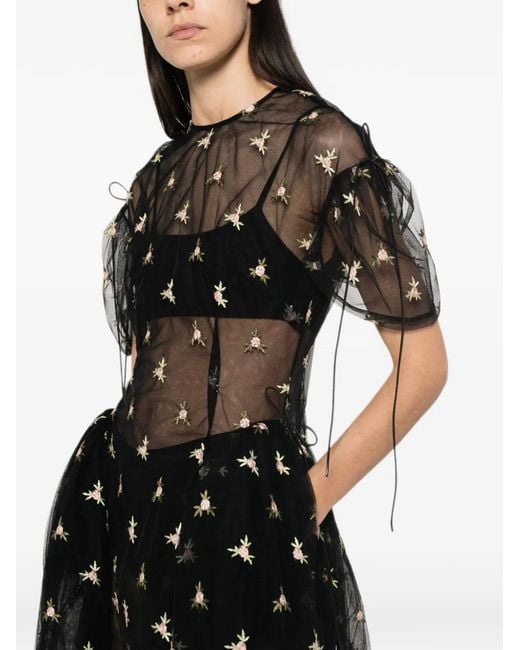 Simone Rocha Black Floral-Embroidered Puff-Sleeve Dress