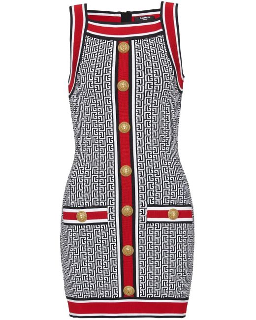 Balmain Red Button-Embellished Monogram Minidress