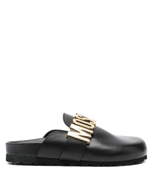 Moschino Black Logo-Plaque Leather Mules