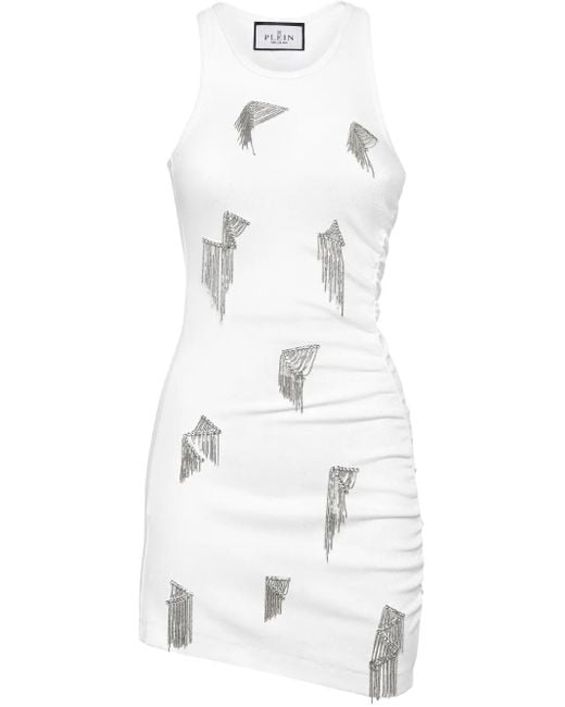 Philipp Plein White Jersey Rib Short Dress Fringe