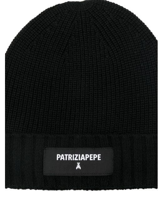 Patrizia Pepe Black Logo-Appliqué Ribbed-Knit Beanie