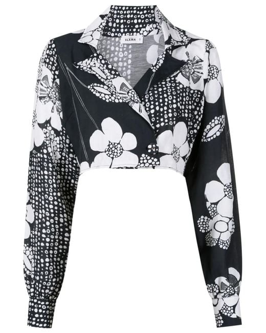 Amir Slama Black Floral-Print Cropped Shirt