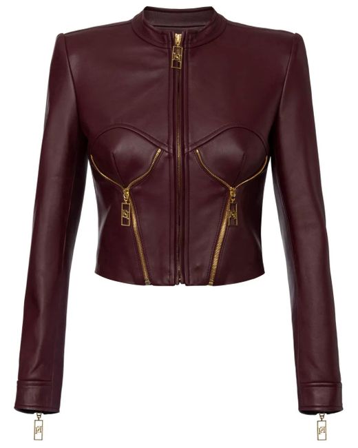 Elisabetta Franchi Purple Bustier Design Leather Jacket