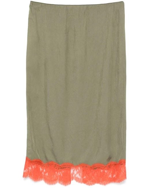 Tibi Green Lace-Appliqué Slip Midi Skirt