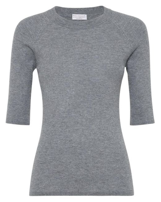 Brunello Cucinelli Gray Ribbed Speckle-knit Top