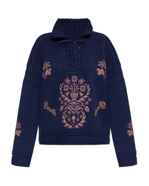 Etro Blue Lace-Up Embroidered Sweater