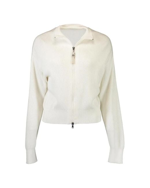 Brunello Cucinelli White Cotton English Rib Cardigan With Shiny Zipper Pull